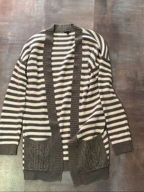 Express gray  and white Striped Open-Front Cardigan